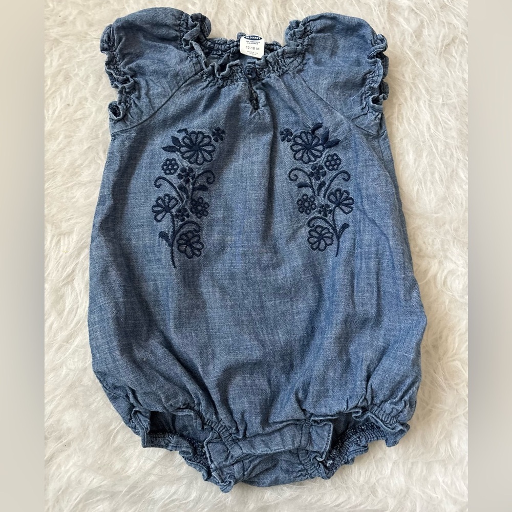 Old Navy Denim Romper Bubble with Navy Floral Design and Ruffles